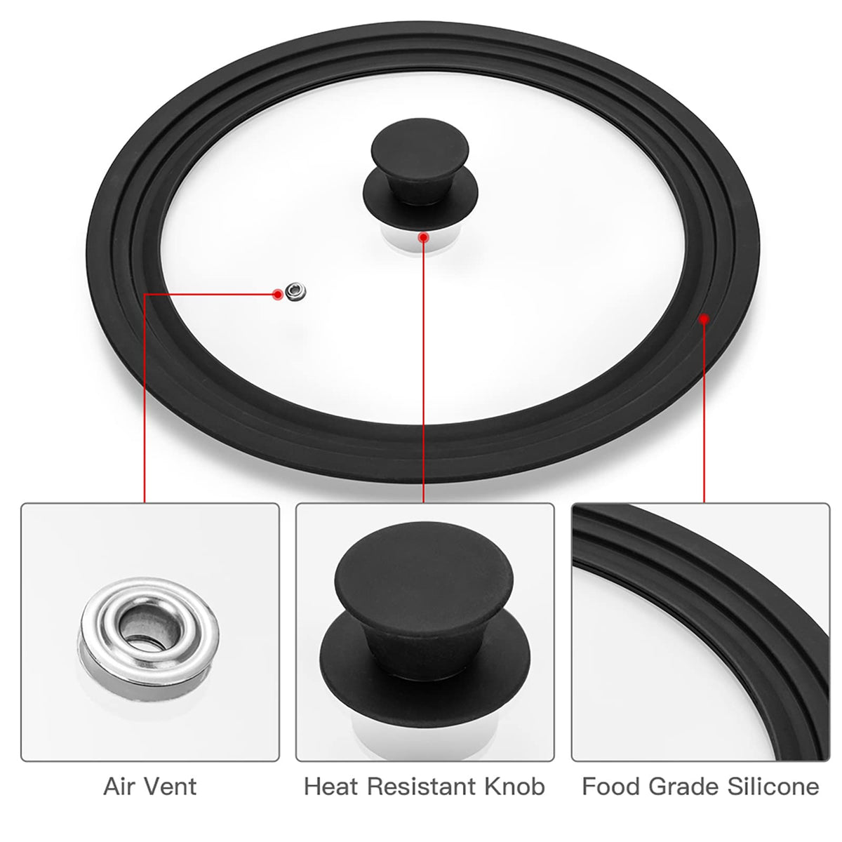Vented Tempered Glass Universal Lid with Silicone Rim, Fits 11-12.5 inch Cookware, Black S16549