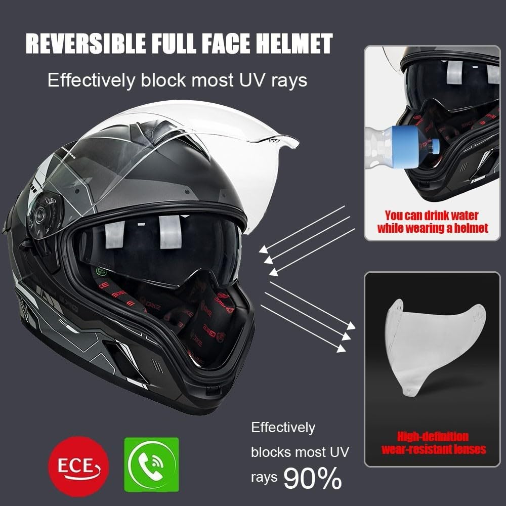 Bluetooth Full Face Modular Motorcycle Helmet DOT Approved with Sun Visor J523993