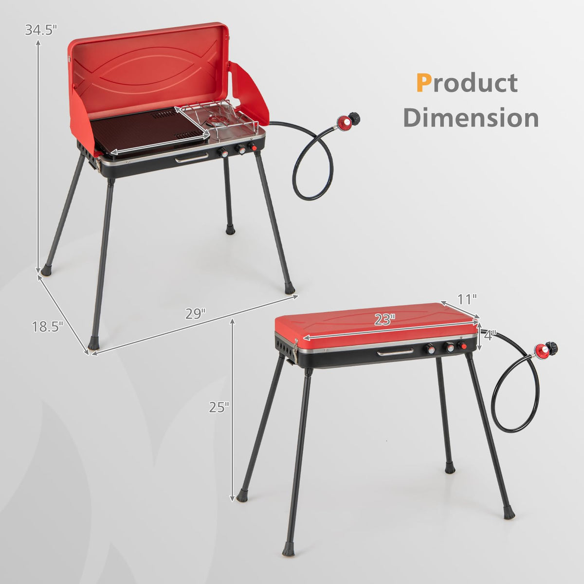 Portable Gas Grill 20000 BTU Camping Stove Burner with 2 Cooking Area Red C45703