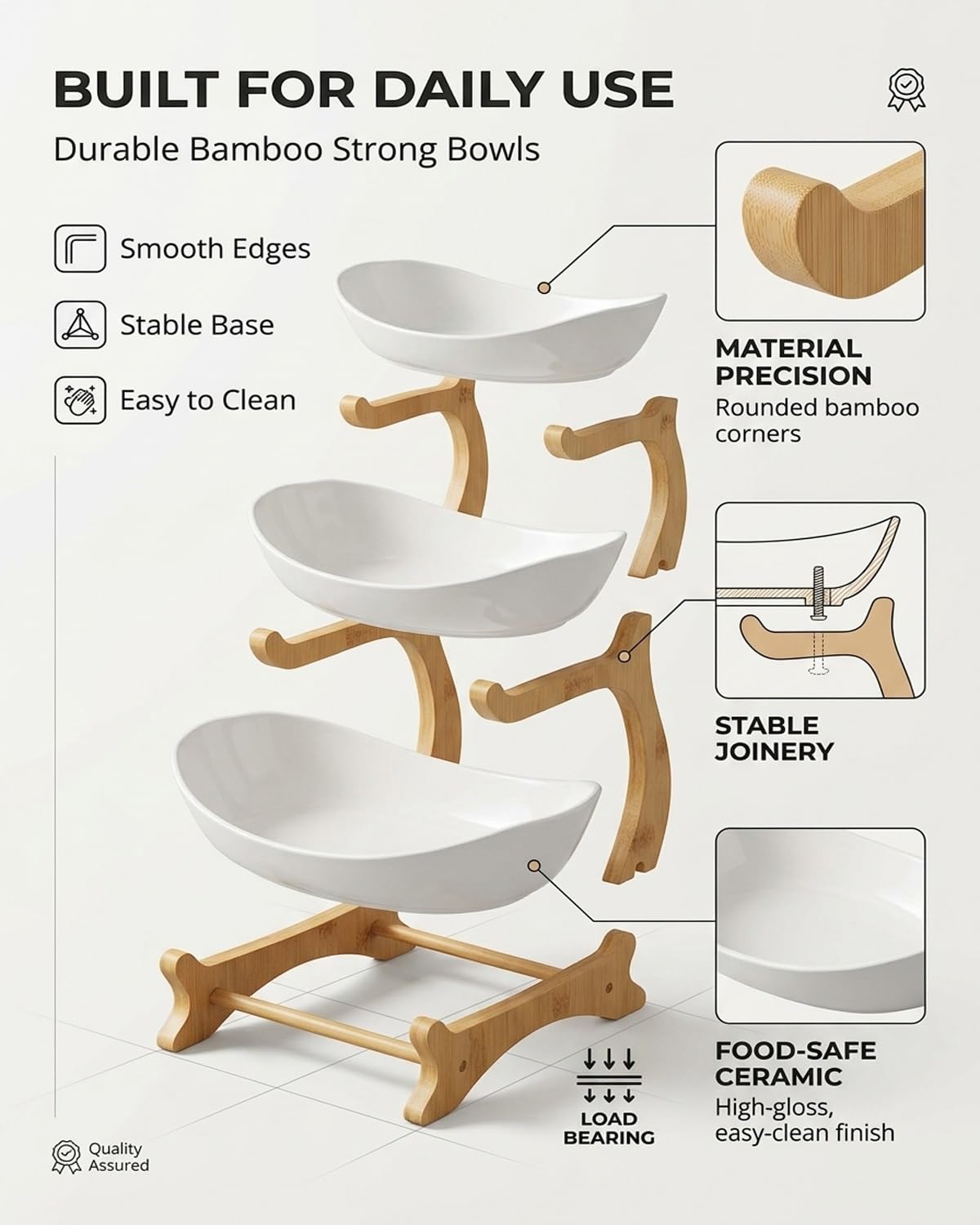 3 Tier Oval Fruit Basket with Bamboo Stand M8516