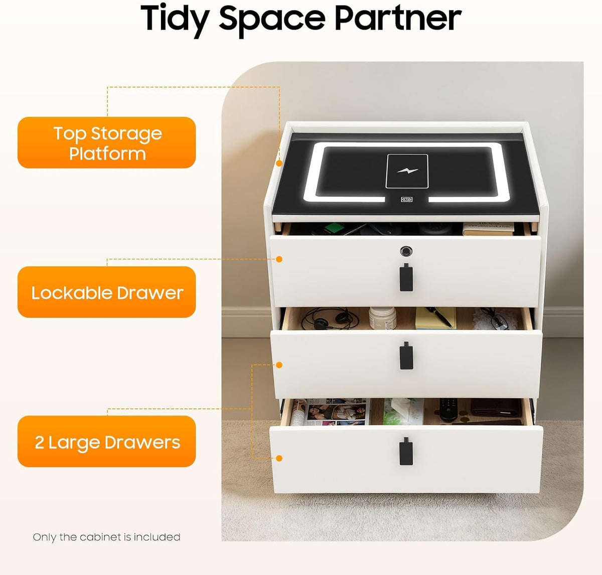 Beige 3 Drawer Smart Nightstand with Fingerprint Lock Q8106