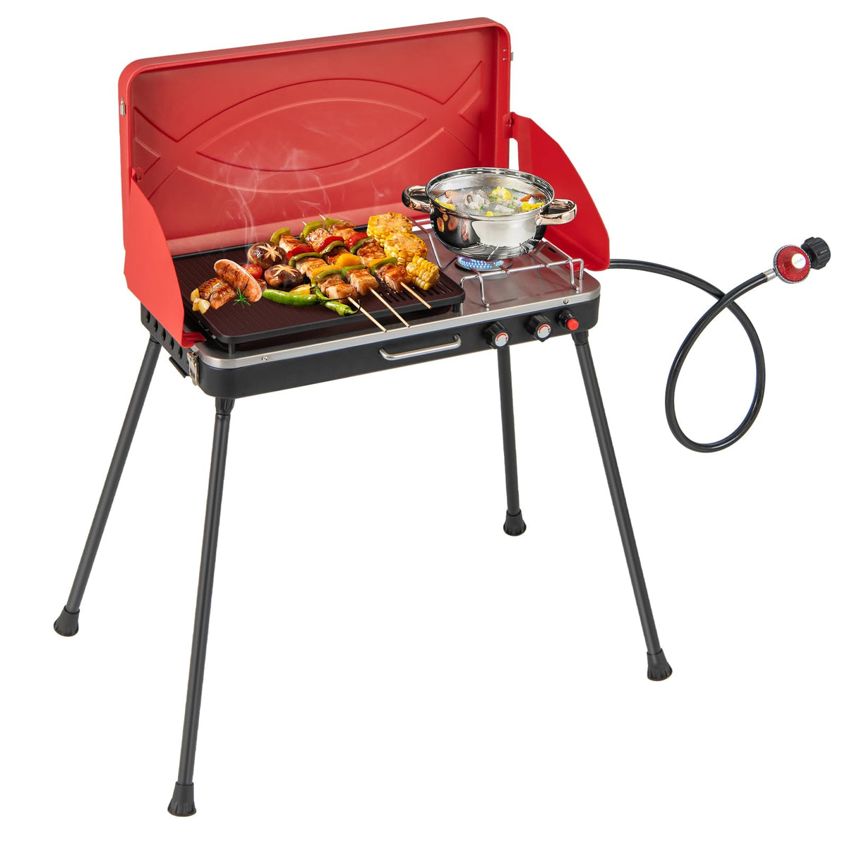 Portable Gas Grill 20000 BTU Camping Stove Burner with 2 Cooking Area Red C45703