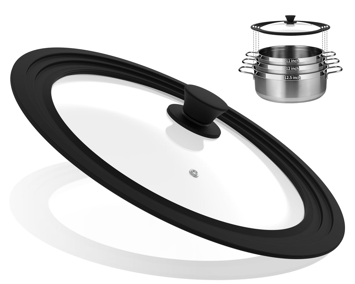 Vented Tempered Glass Universal Lid with Silicone Rim, Fits 11-12.5 inch Cookware, Black S16549