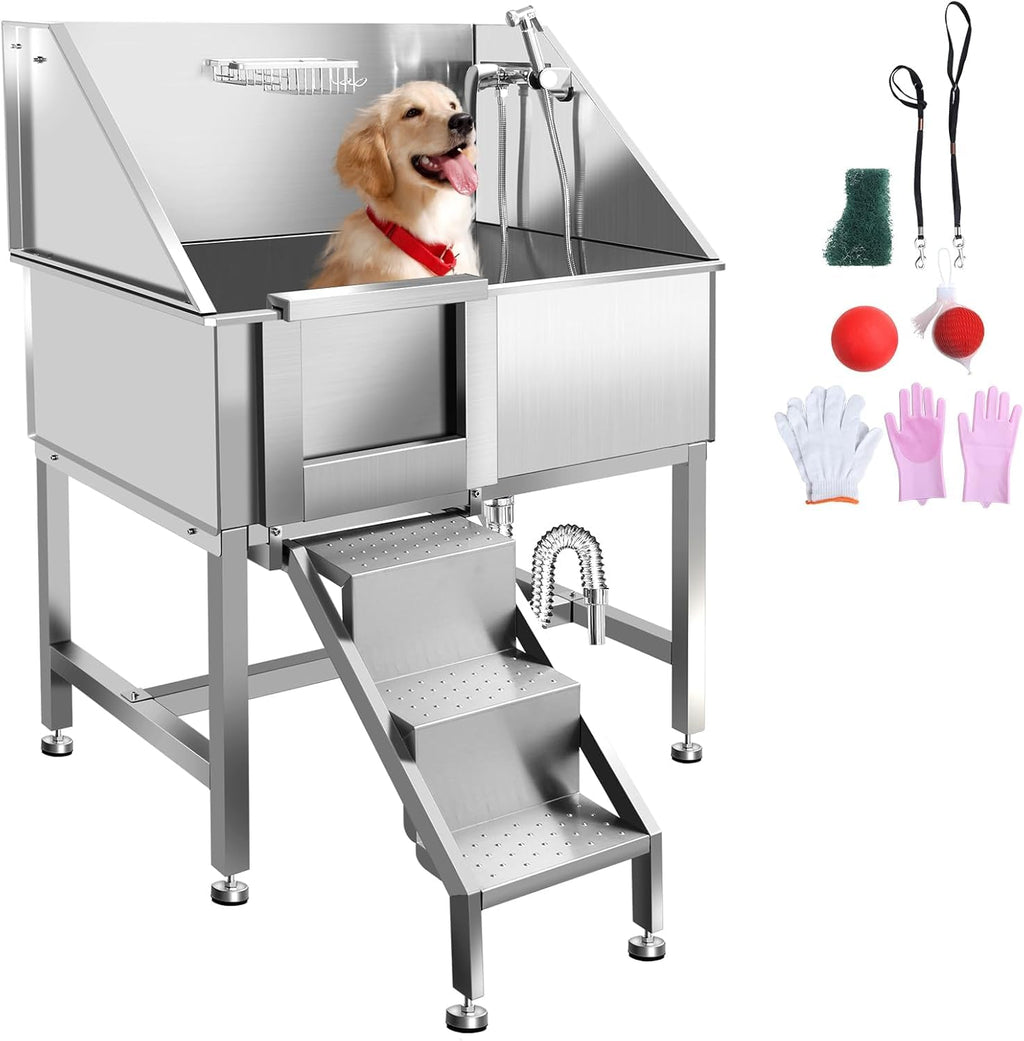 38" Stainless Steel Dog Grooming Tub with Anti-Slip Stairs A2007