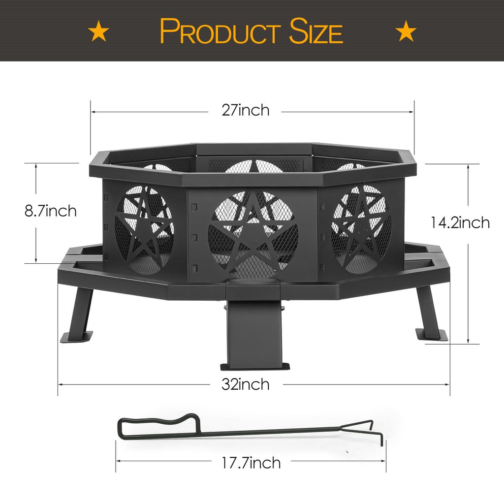 32 Inch Octagonal Fire Pit with Fire Poker Black O4612