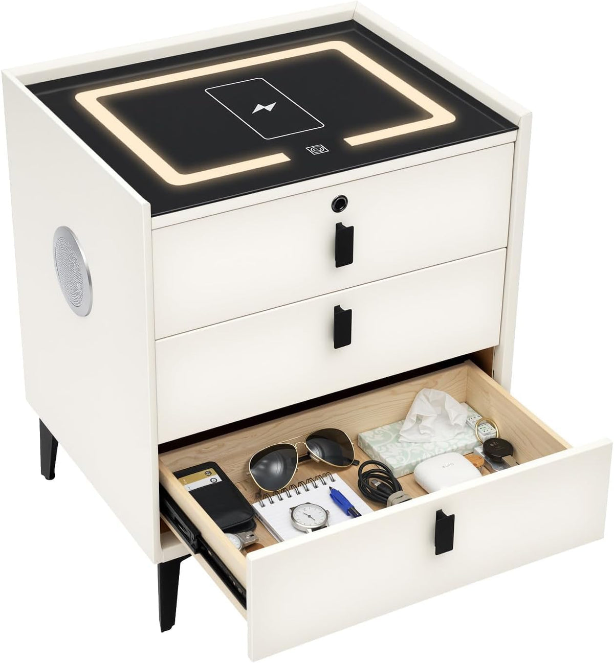 Beige 3 Drawer Smart Nightstand with Fingerprint Lock Q8106