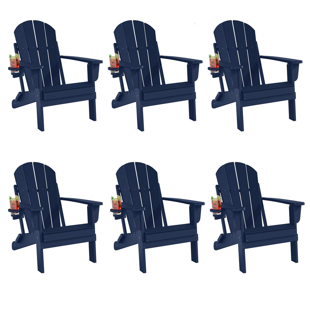 Folding Adirondack Chairs Set of 6, All-Weather Resistant HDPE Patio Chairs with Cup Holder, Navy Blue V29841