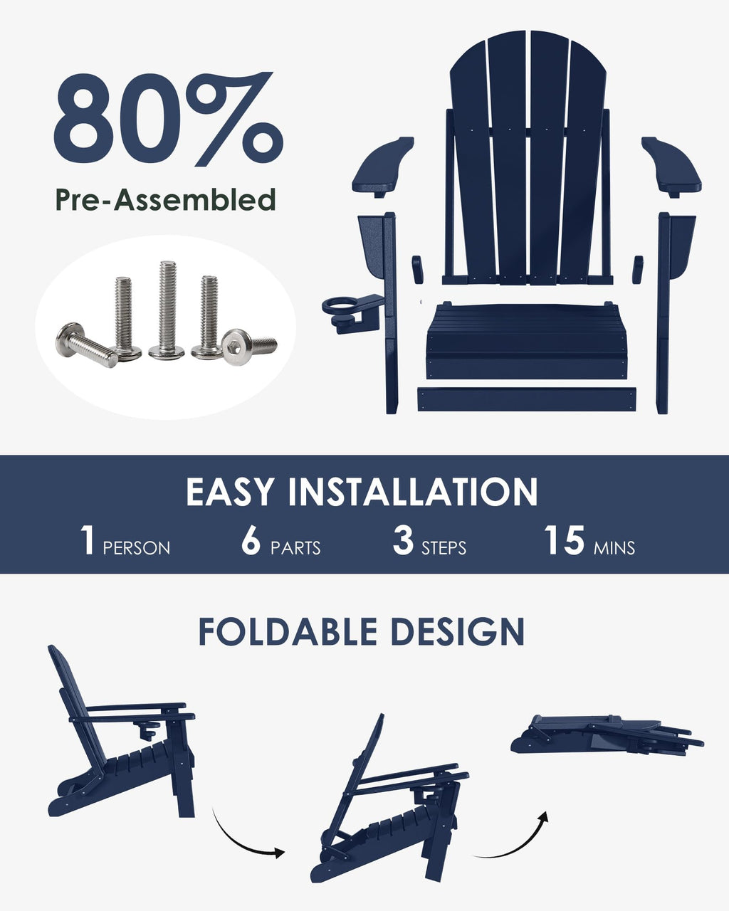Folding Adirondack Chairs Set of 6, All-Weather Resistant HDPE Patio Chairs with Cup Holder, Navy Blue V29841