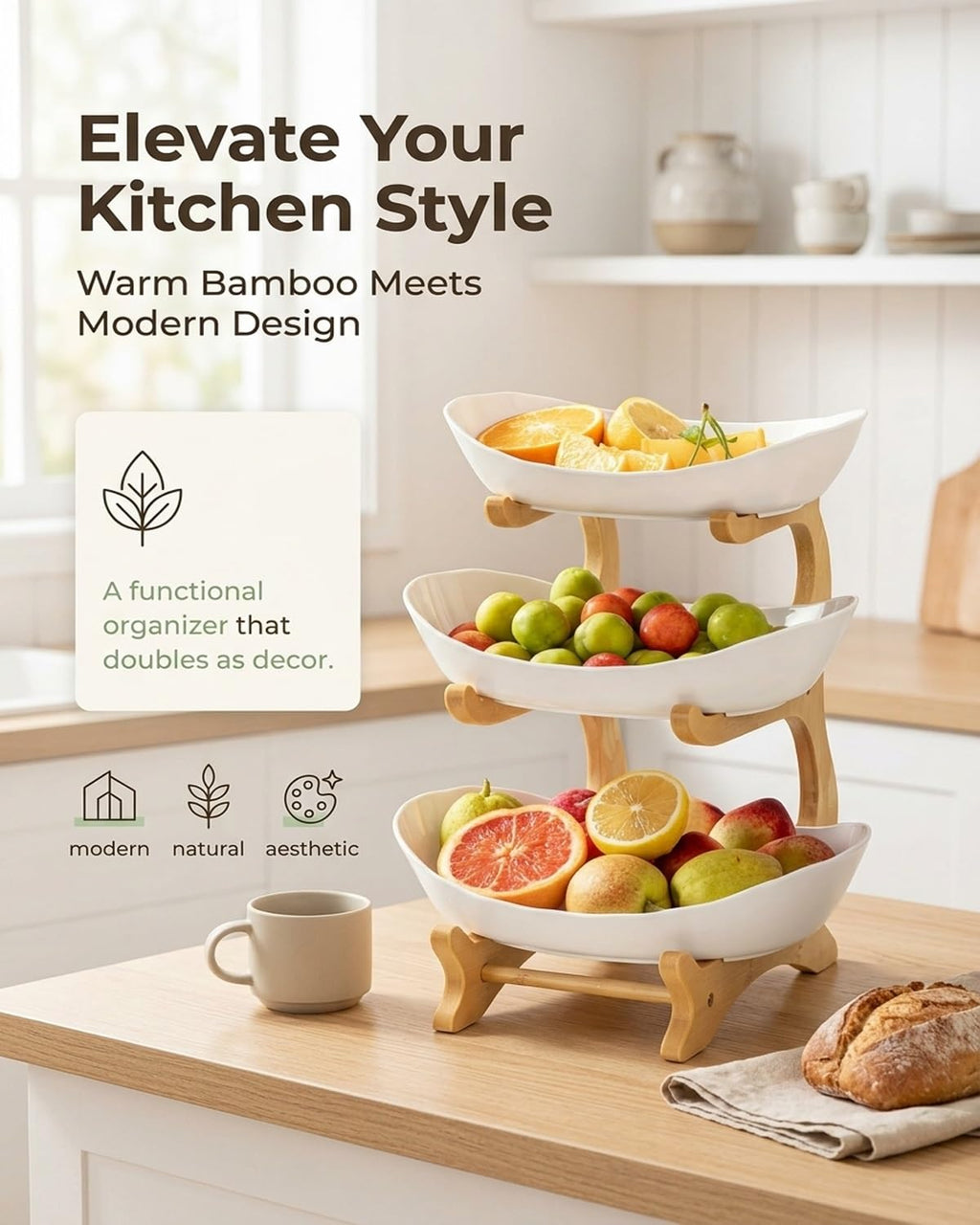 3 Tier Oval Fruit Basket with Bamboo Stand M8516
