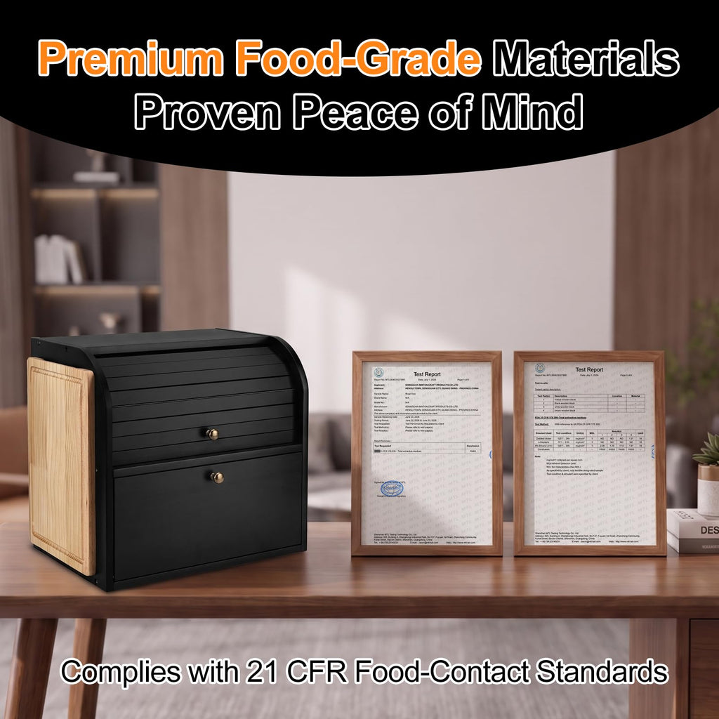 Black Roll Top Bread Box with Cutting Board K82514