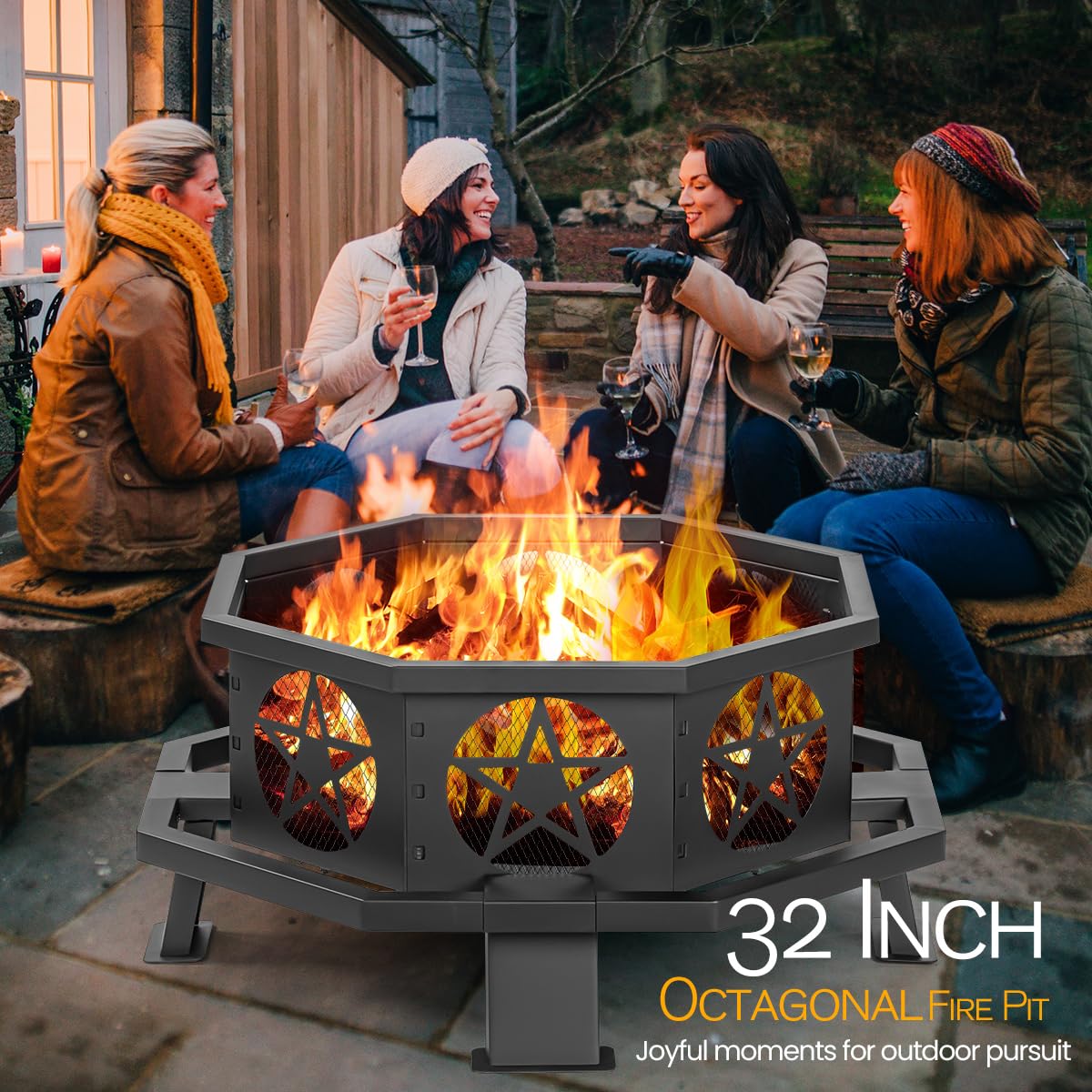 32 Inch Octagonal Fire Pit with Fire Poker Black O4612