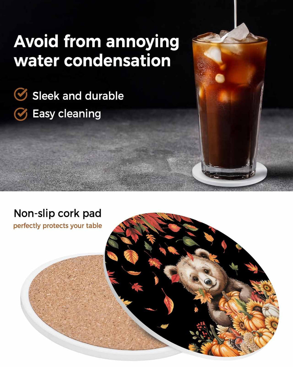 Absorbent Stone Ceramic Coaster with Cork Back, Set of 8 X348238