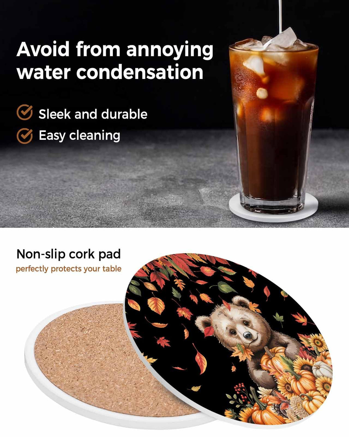 Absorbent Stone Ceramic Coaster with Cork Back, Set of 8 X348238