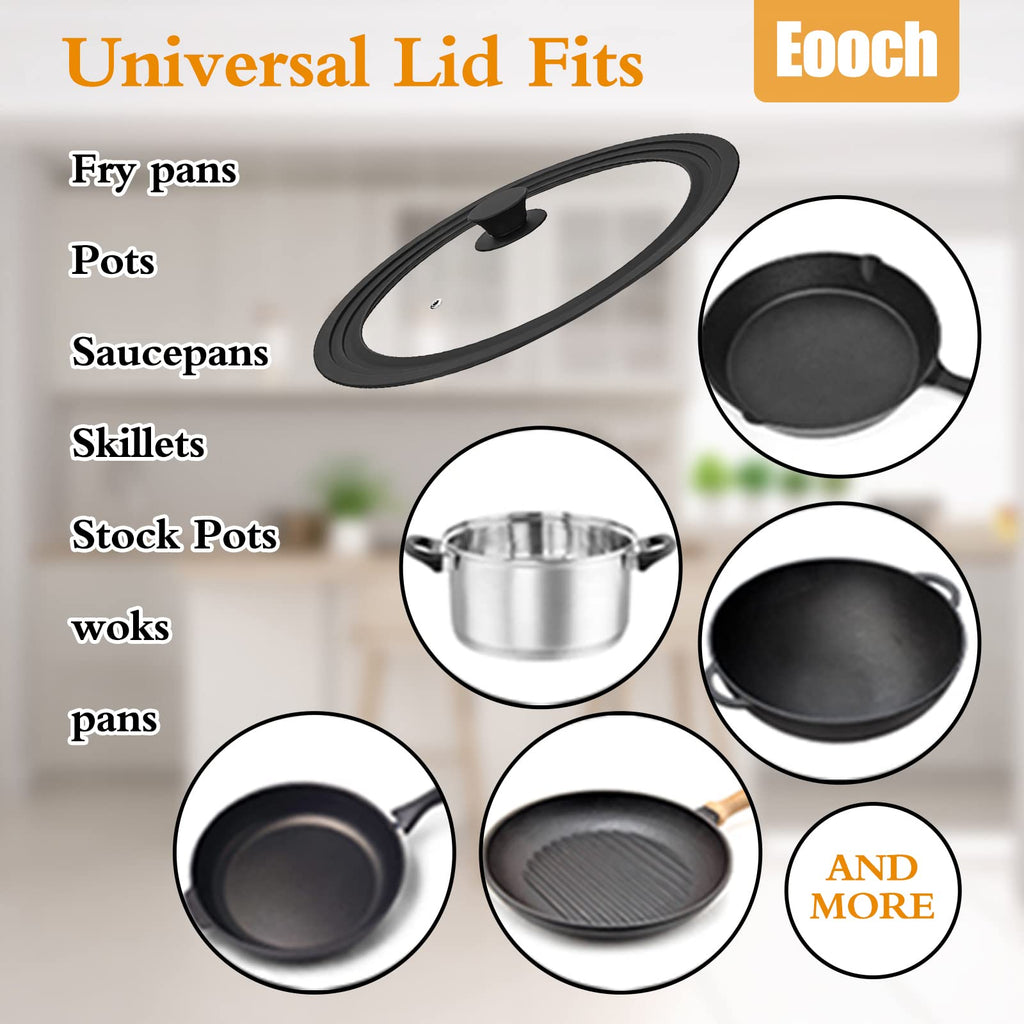 Vented Tempered Glass Universal Lid with Silicone Rim, Fits 11-12.5 inch Cookware, Black S16549