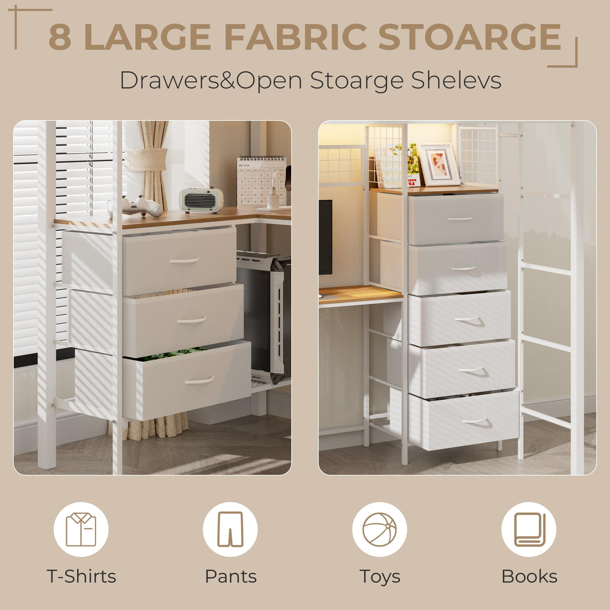 White Twin Size Metal Loft Bed with L-Shaped Desk and 8 Storage Drawers K989476