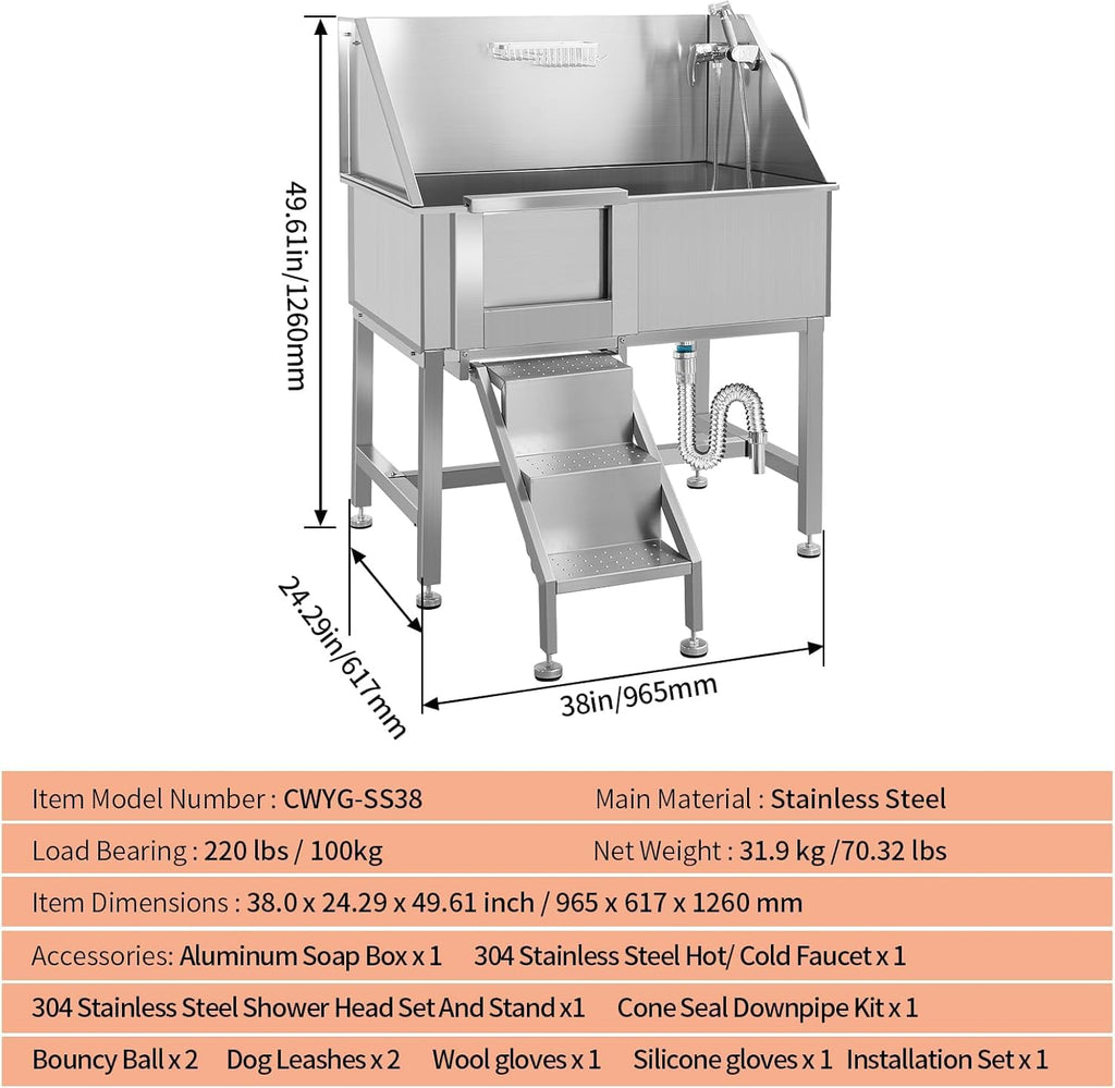 38" Stainless Steel Dog Grooming Tub with Anti-Slip Stairs A2007