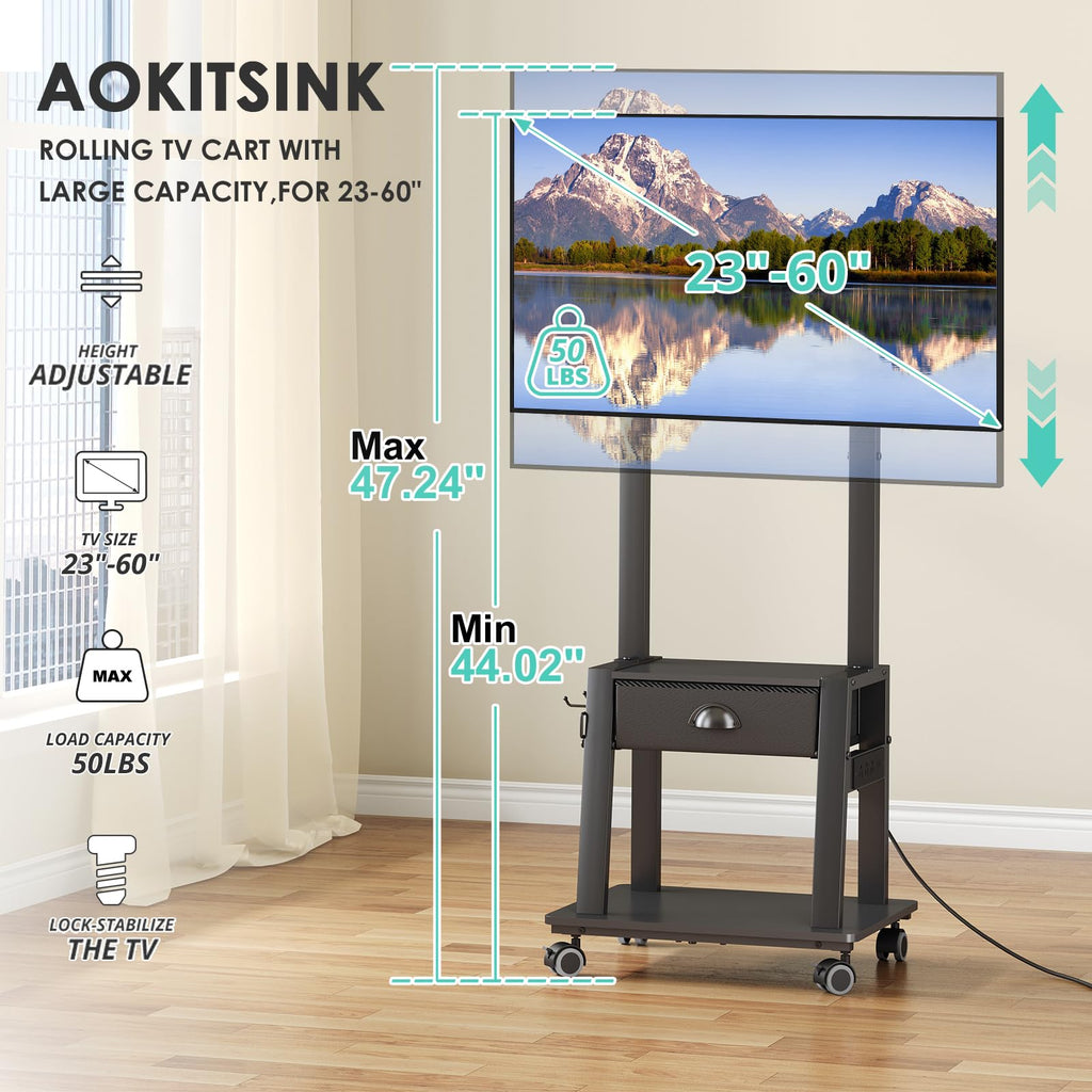 Rolling TV Stand with Power Outlet, Adjustable Height, for 23-60 inch Screens S76187