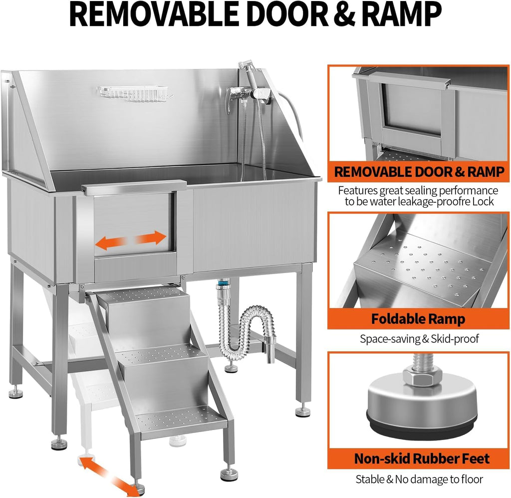 38" Stainless Steel Dog Grooming Tub with Anti-Slip Stairs A2007