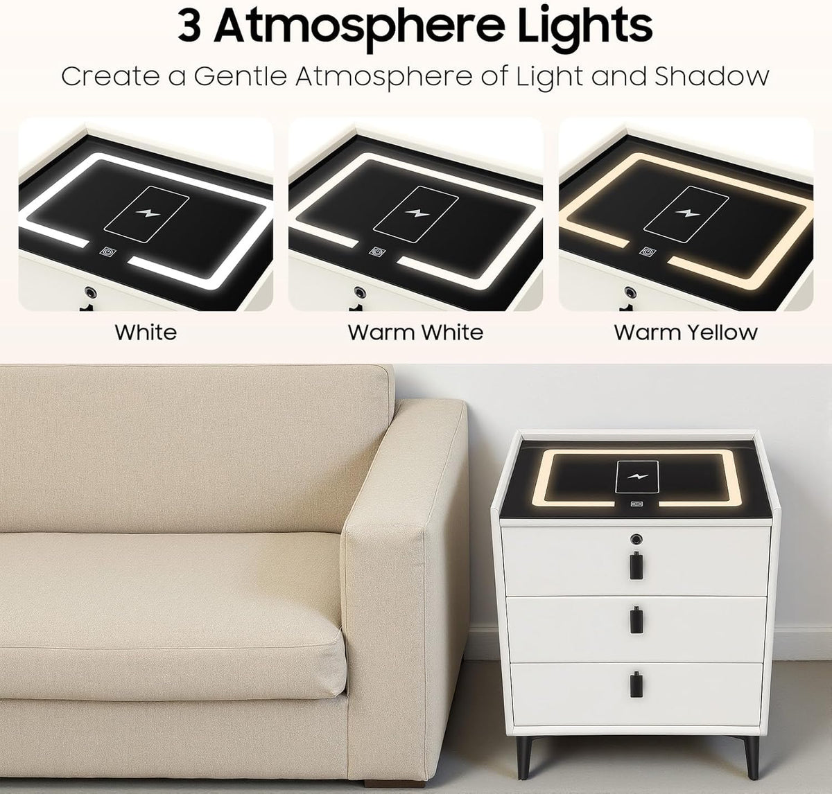 Beige 3 Drawer Smart Nightstand with Fingerprint Lock Q8106