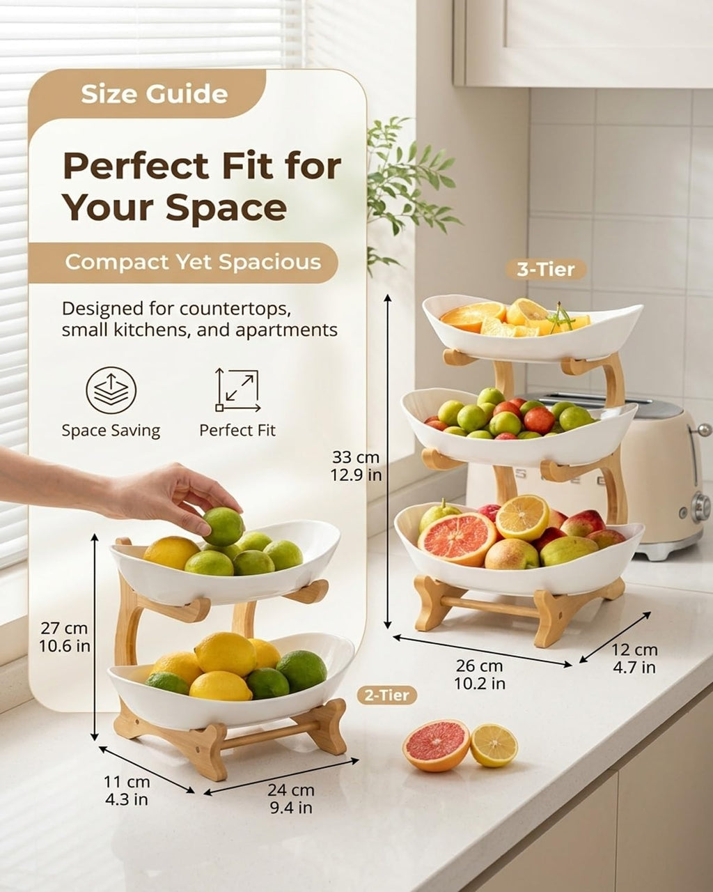 3 Tier Oval Fruit Basket with Bamboo Stand M8516
