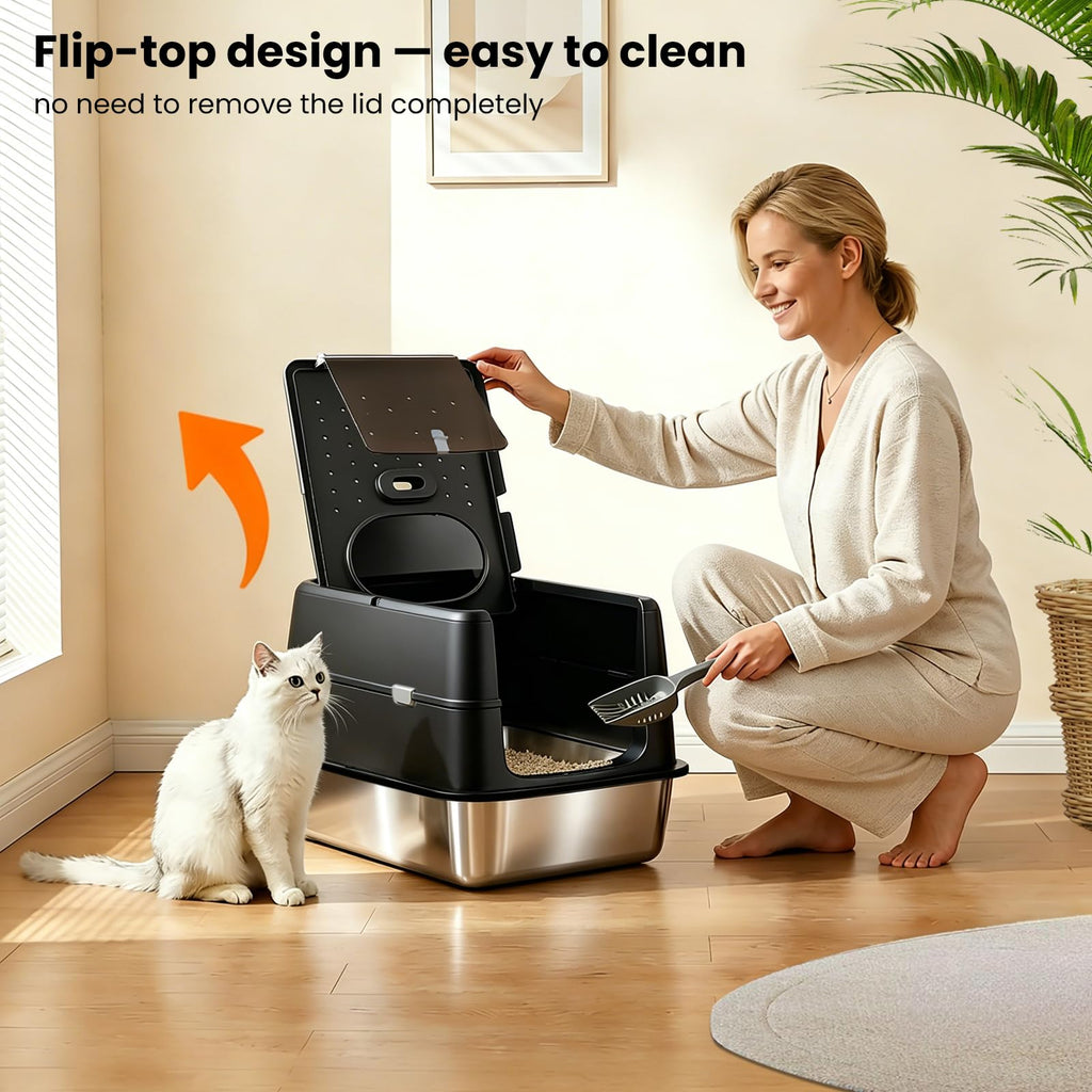 Extra Large Stainless Steel Enclosed Cat Litter Box with Lid and Scoop N43764