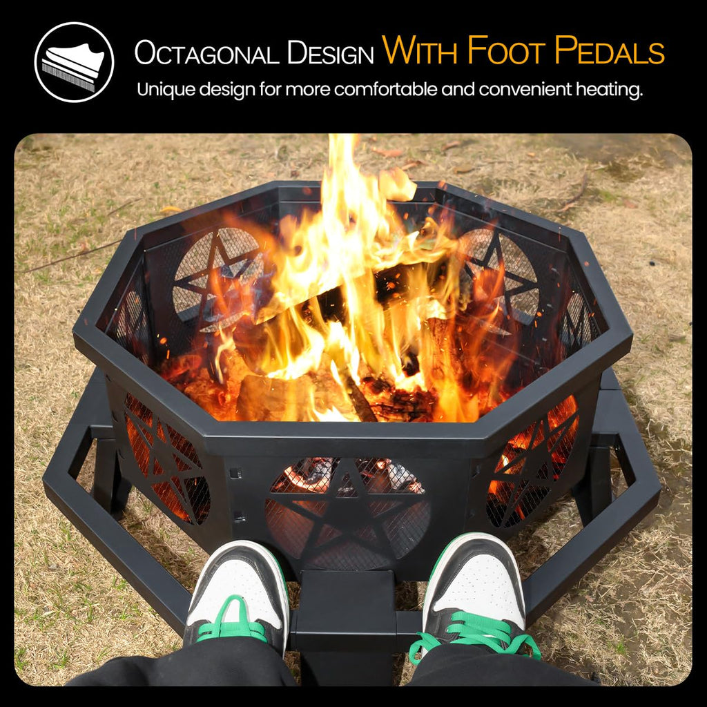 32 Inch Octagonal Fire Pit with Fire Poker Black O4612
