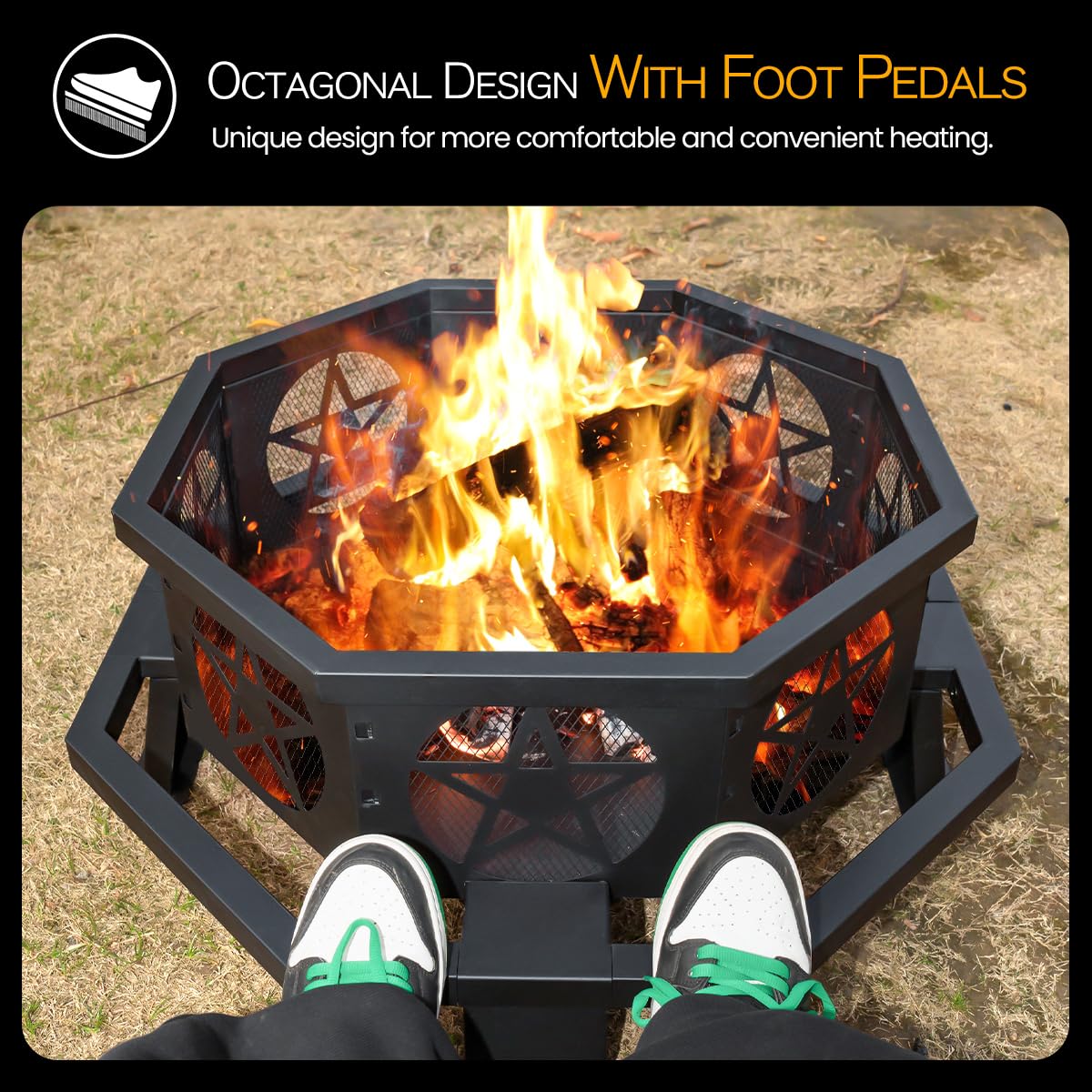 32 Inch Octagonal Fire Pit with Fire Poker Black O4612