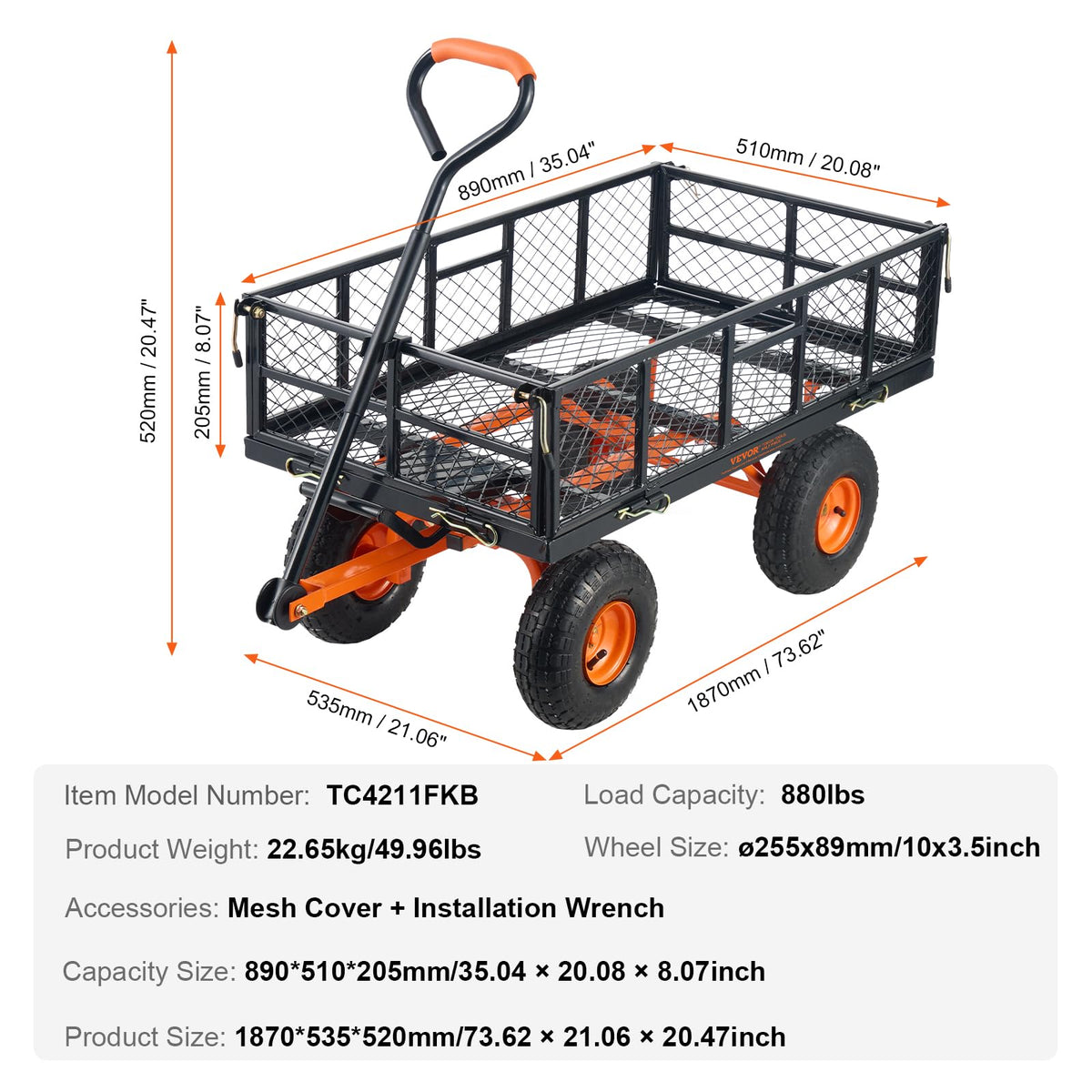 880lbs Steel Garden Dump Cart Utility Wagon with Removable Sides C225807