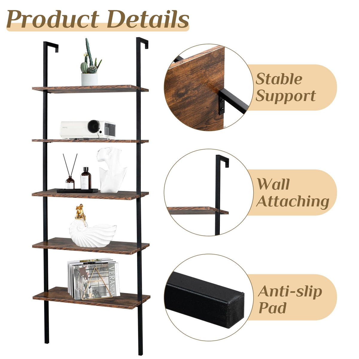Rustic Brown 5 Tier Wall Mount Ladder Shelf C941062