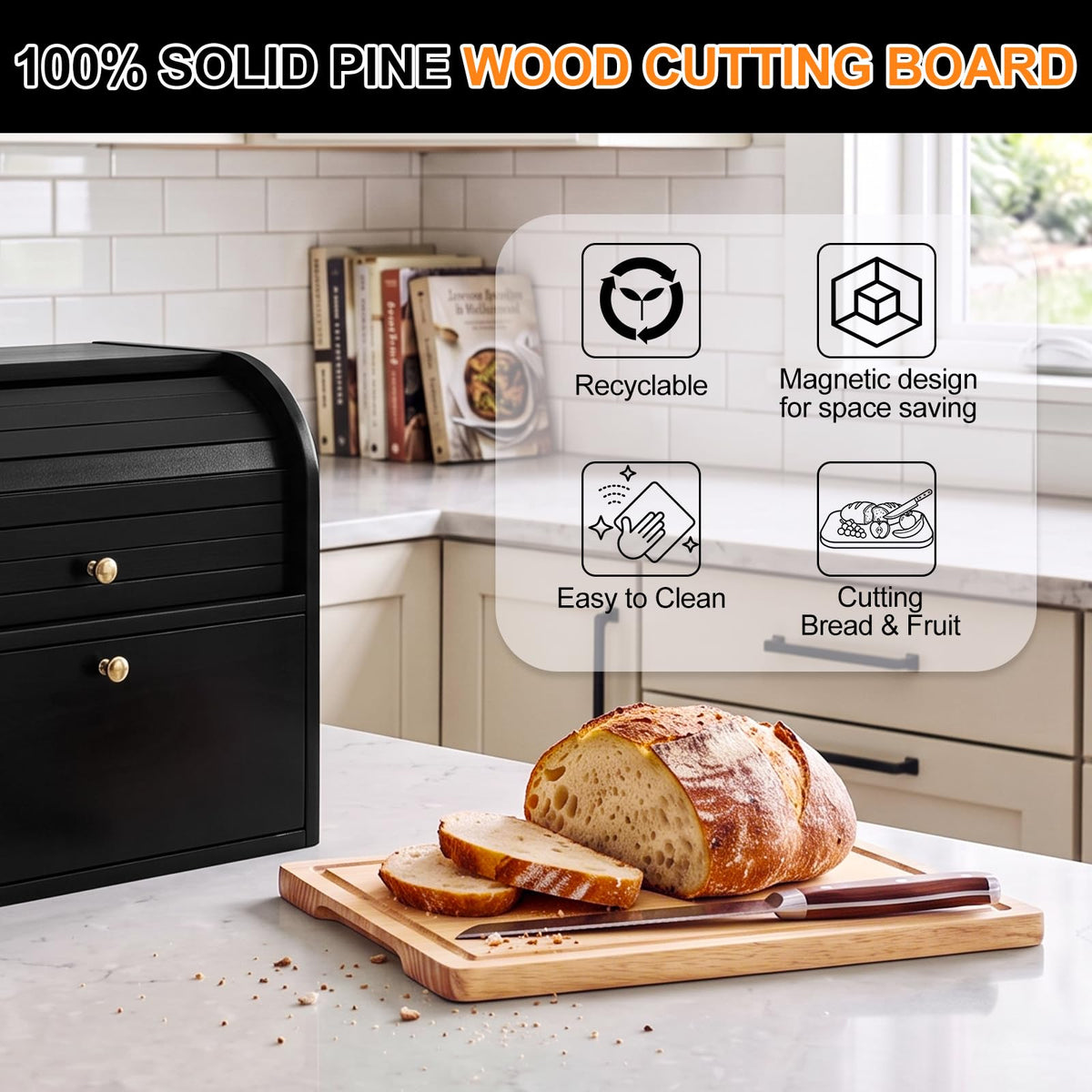Black Roll Top Bread Box with Cutting Board K82514