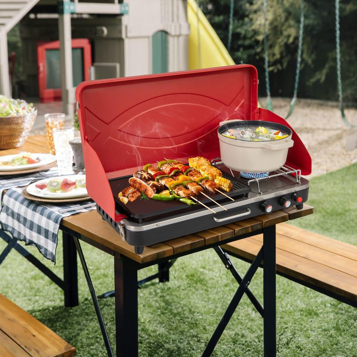 Portable Gas Grill 20000 BTU Camping Stove Burner with 2 Cooking Area Red C45703