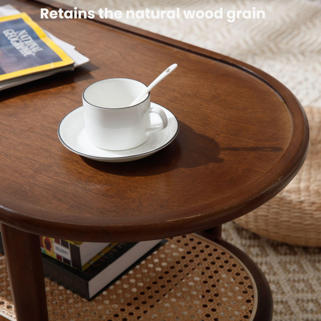 Oval 2-Tier Coffee Table with Rattan Storage Shelf V164150