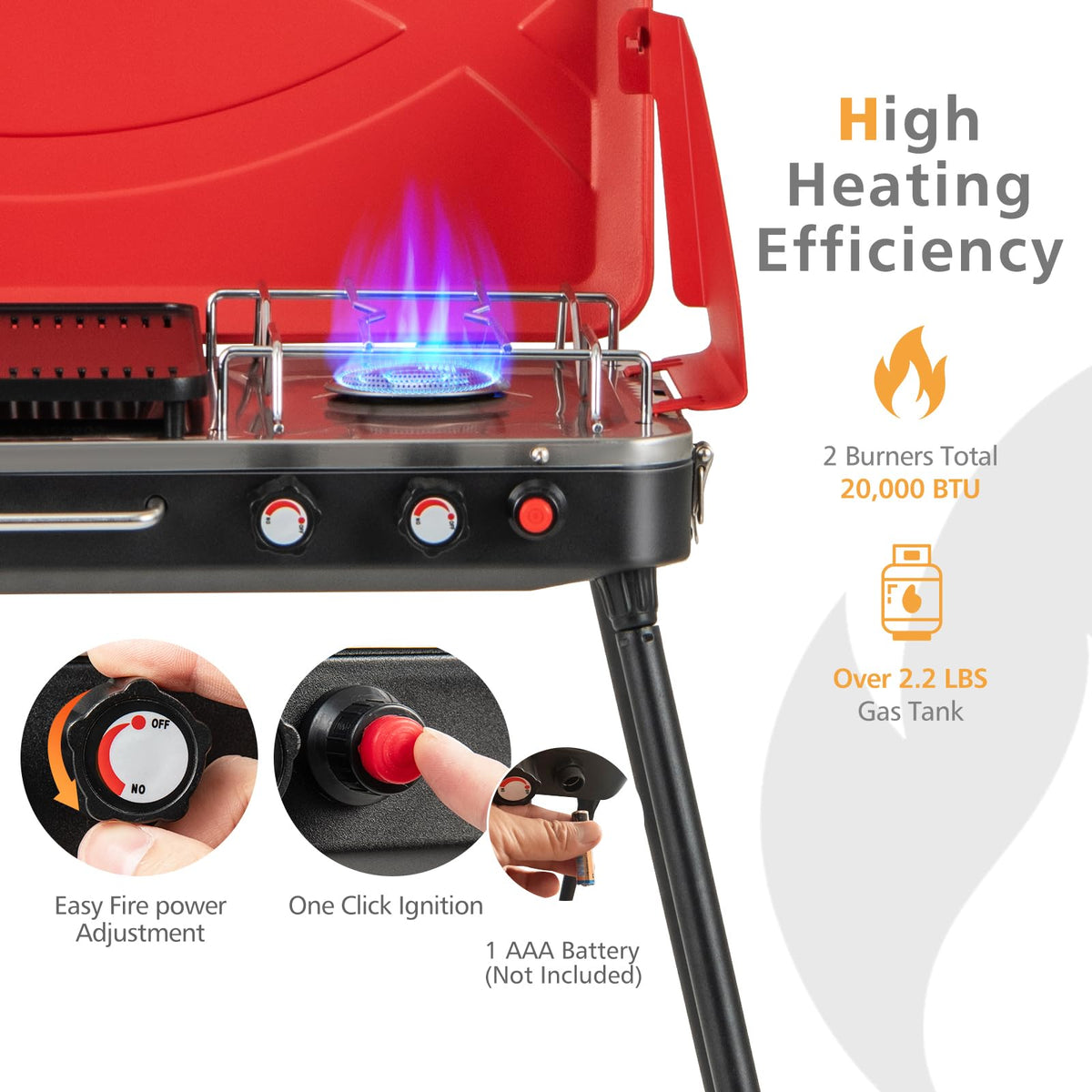 Portable Gas Grill 20000 BTU Camping Stove Burner with 2 Cooking Area Red C45703