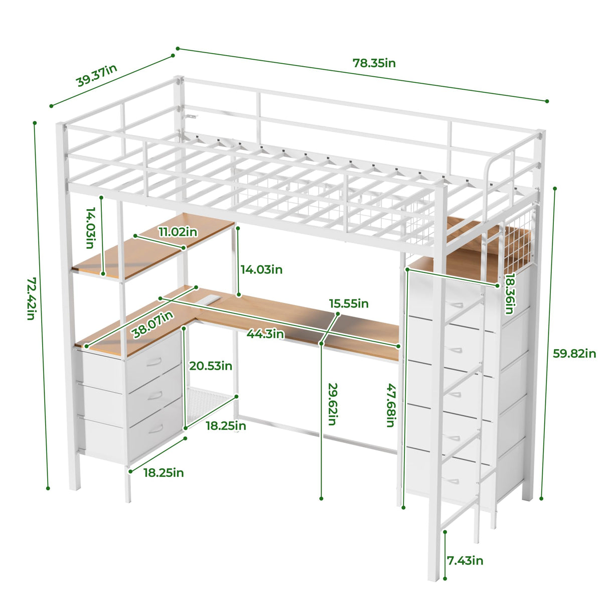 White Twin Size Metal Loft Bed with L-Shaped Desk and 8 Storage Drawers K989476