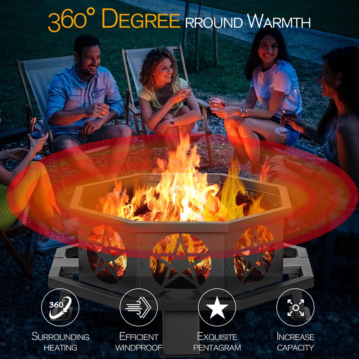 32 Inch Octagonal Fire Pit with Fire Poker Black O4612