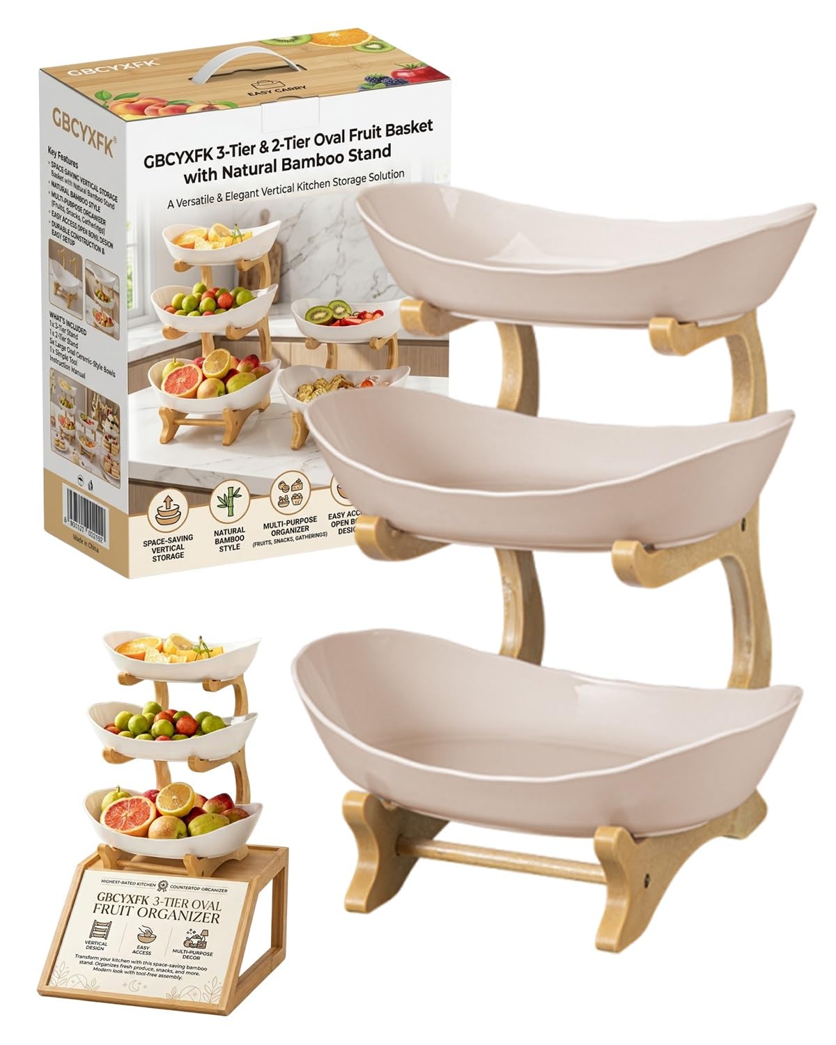 3 Tier Oval Fruit Basket with Bamboo Stand M8516