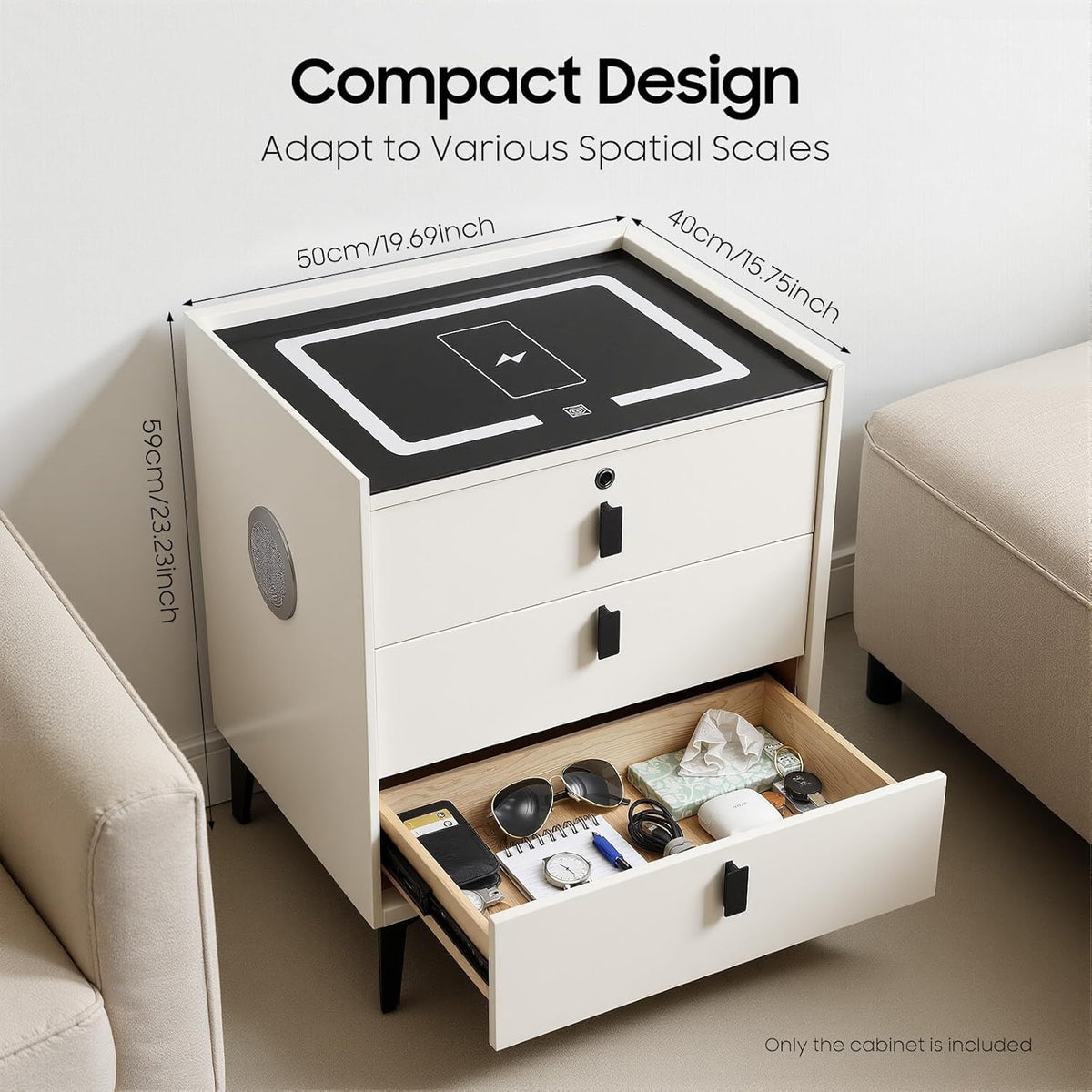 Beige 3 Drawer Smart Nightstand with Fingerprint Lock Q8106