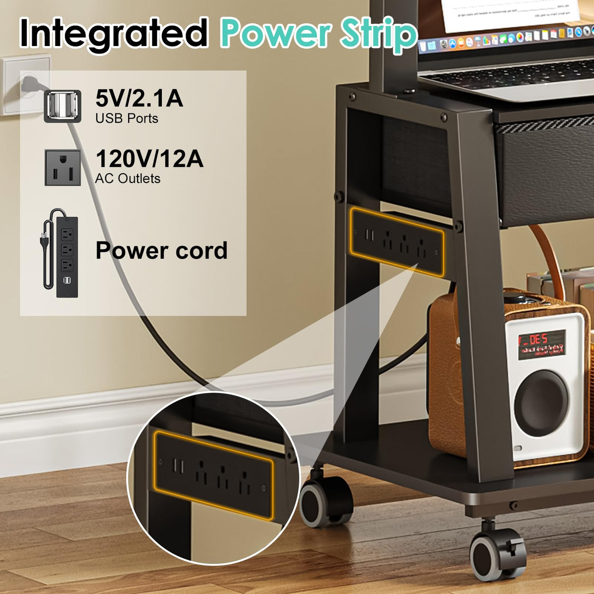 Rolling TV Stand with Power Outlet, Adjustable Height, for 23-60 inch Screens S76187
