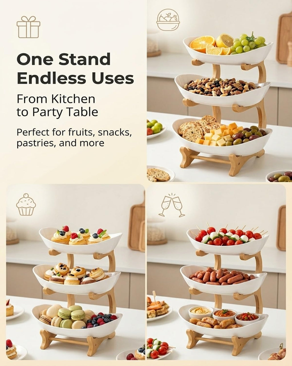 3 Tier Oval Fruit Basket with Bamboo Stand M8516
