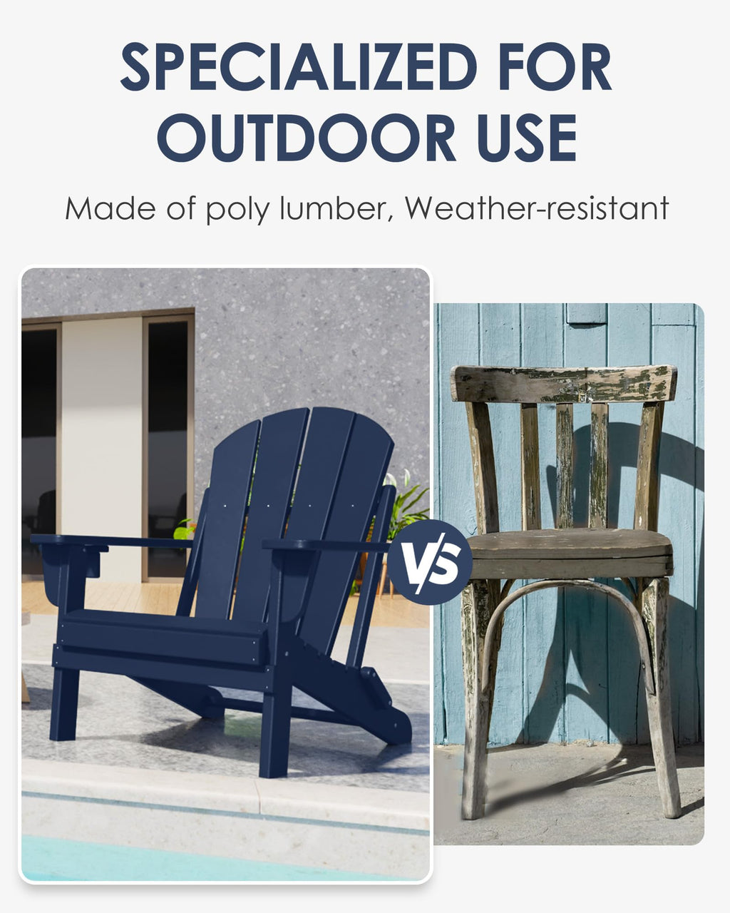 Folding Adirondack Chairs Set of 6, All-Weather Resistant HDPE Patio Chairs with Cup Holder, Navy Blue V29841