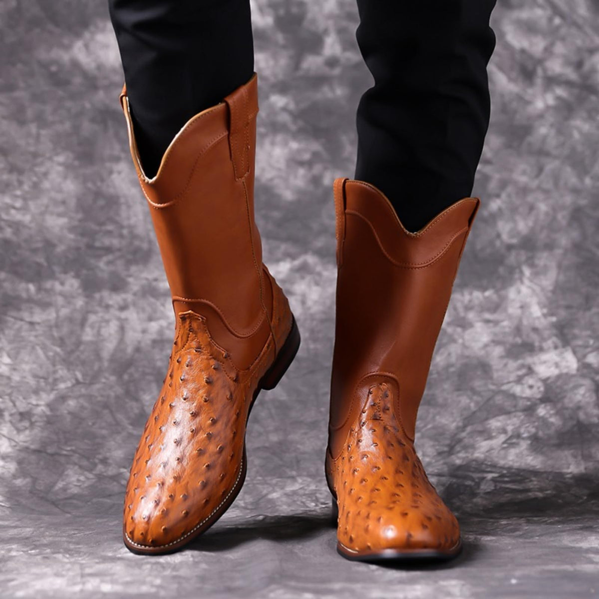 Men's Ostrich Pattern Leather Western Cowboy Boots M54058