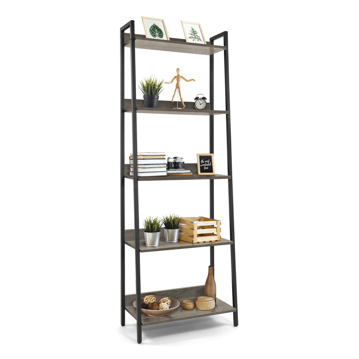 5 Tier Ladder Bookshelf, 24 Inch Free Standing Storage Rack, Dark Grey X3204