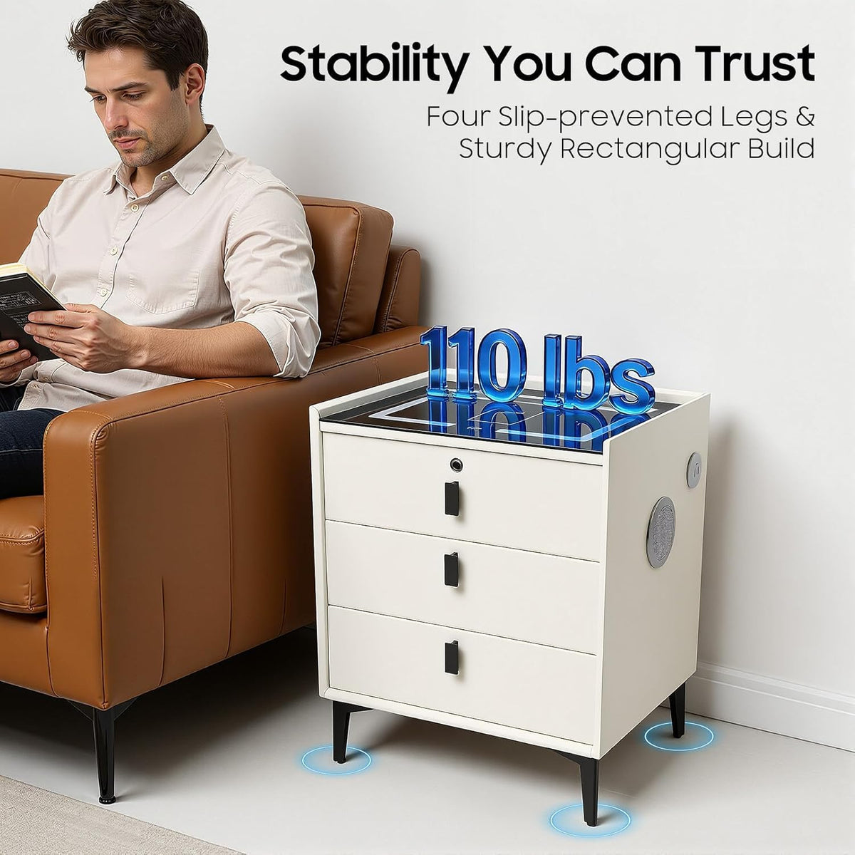 Beige 3 Drawer Smart Nightstand with Fingerprint Lock Q8106