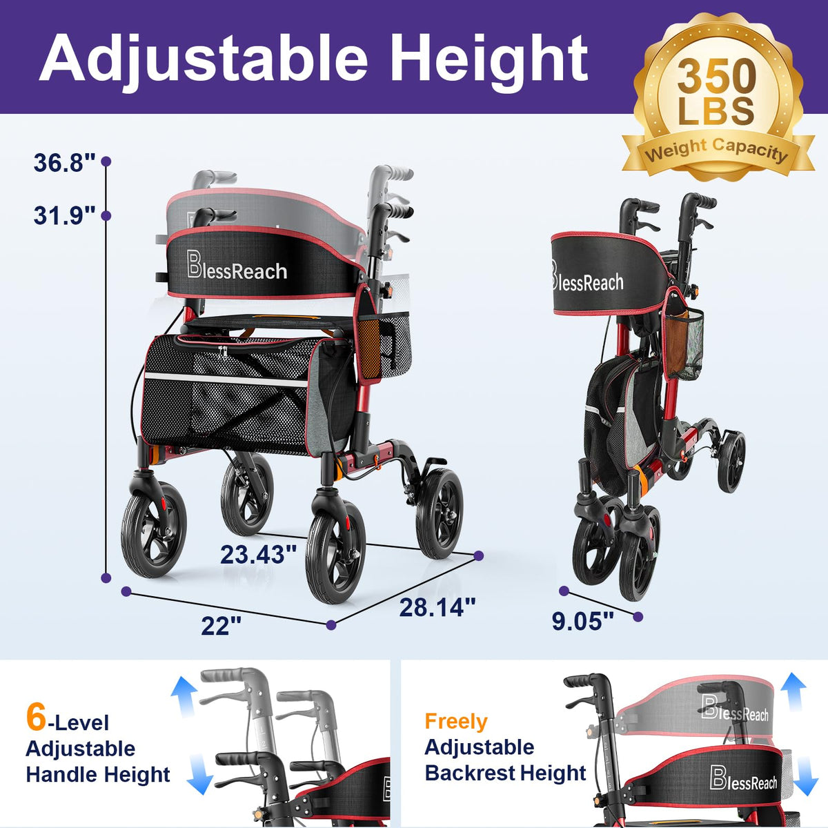 Lightweight Red Rollator Walker with Seat Q3510