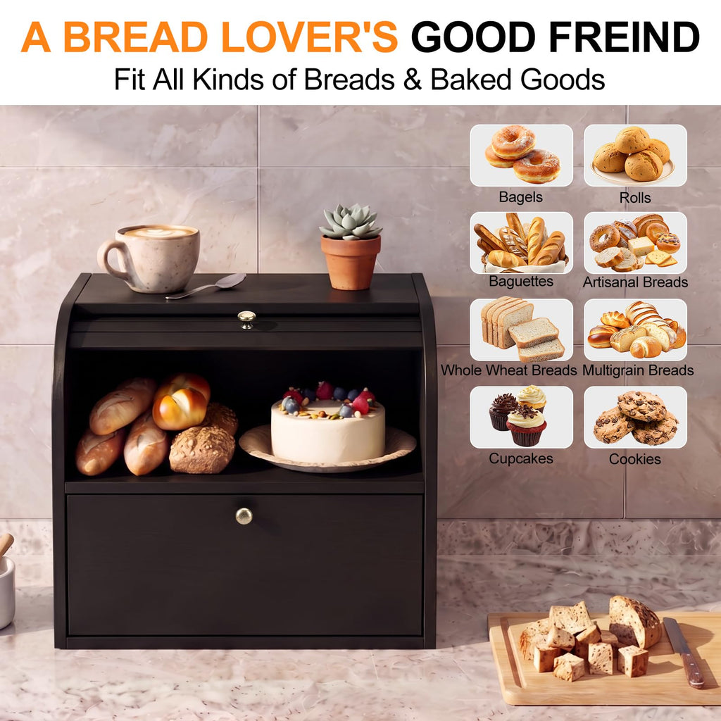 Black Roll Top Bread Box with Cutting Board K82514