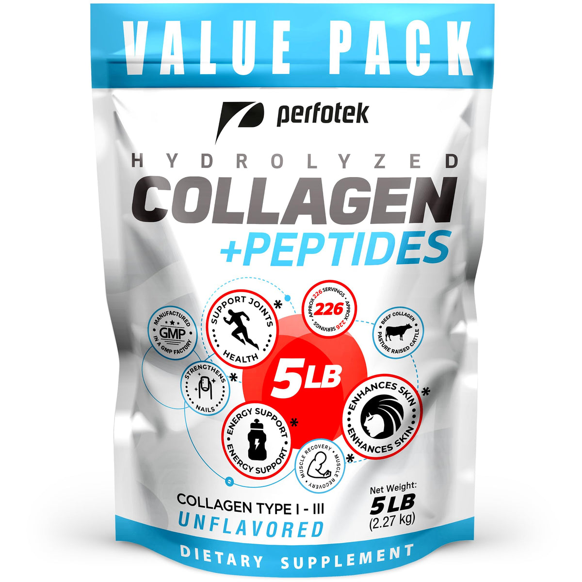 Collagen Powder 5Lb Types I & III Unflavored Hydrolyzed Protein Peptides A408345