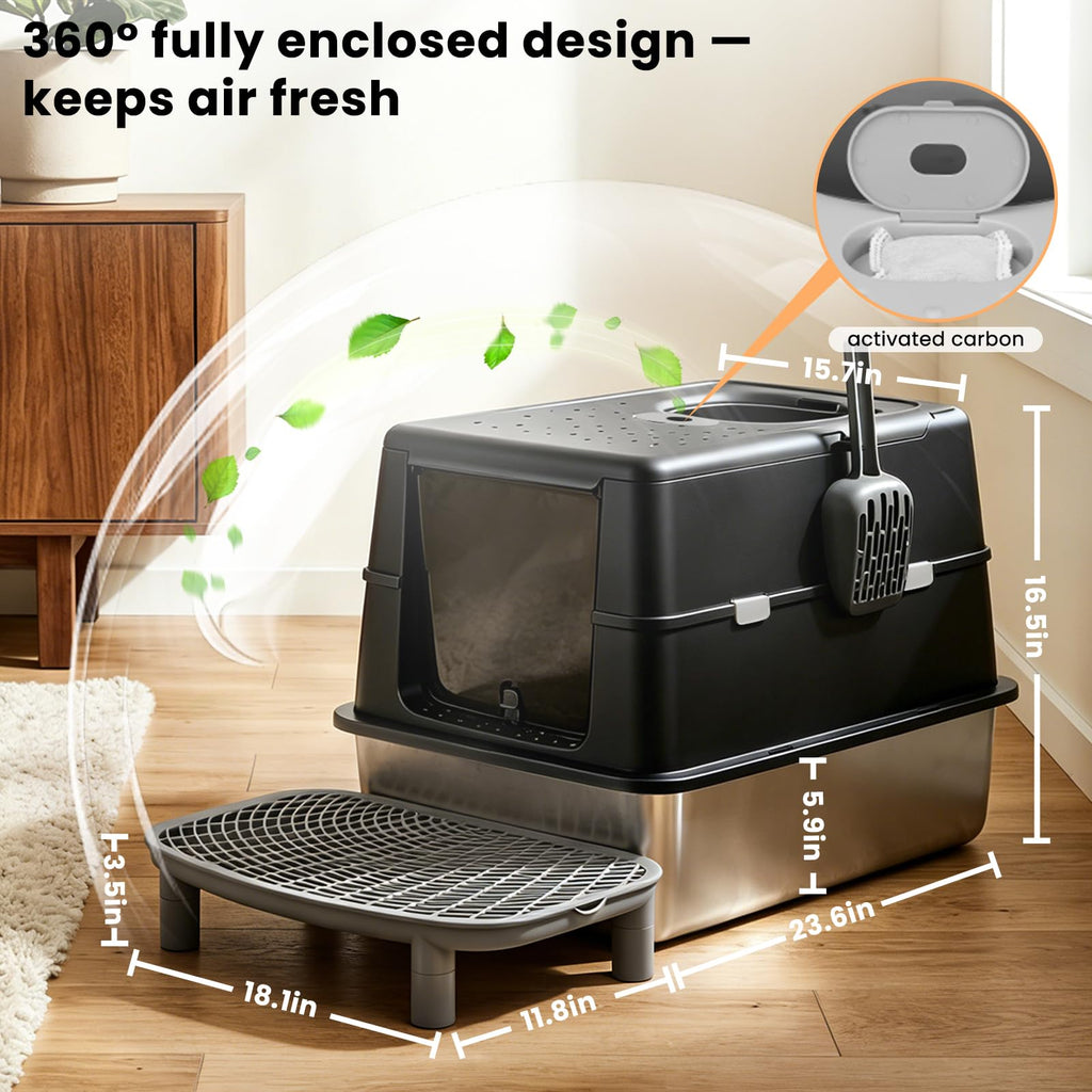 Extra Large Stainless Steel Enclosed Cat Litter Box with Lid and Scoop N43764