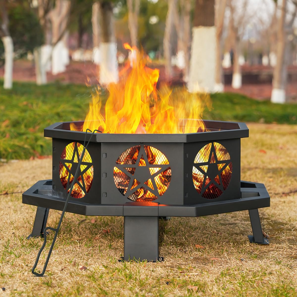 32 Inch Octagonal Fire Pit with Fire Poker Black O4612