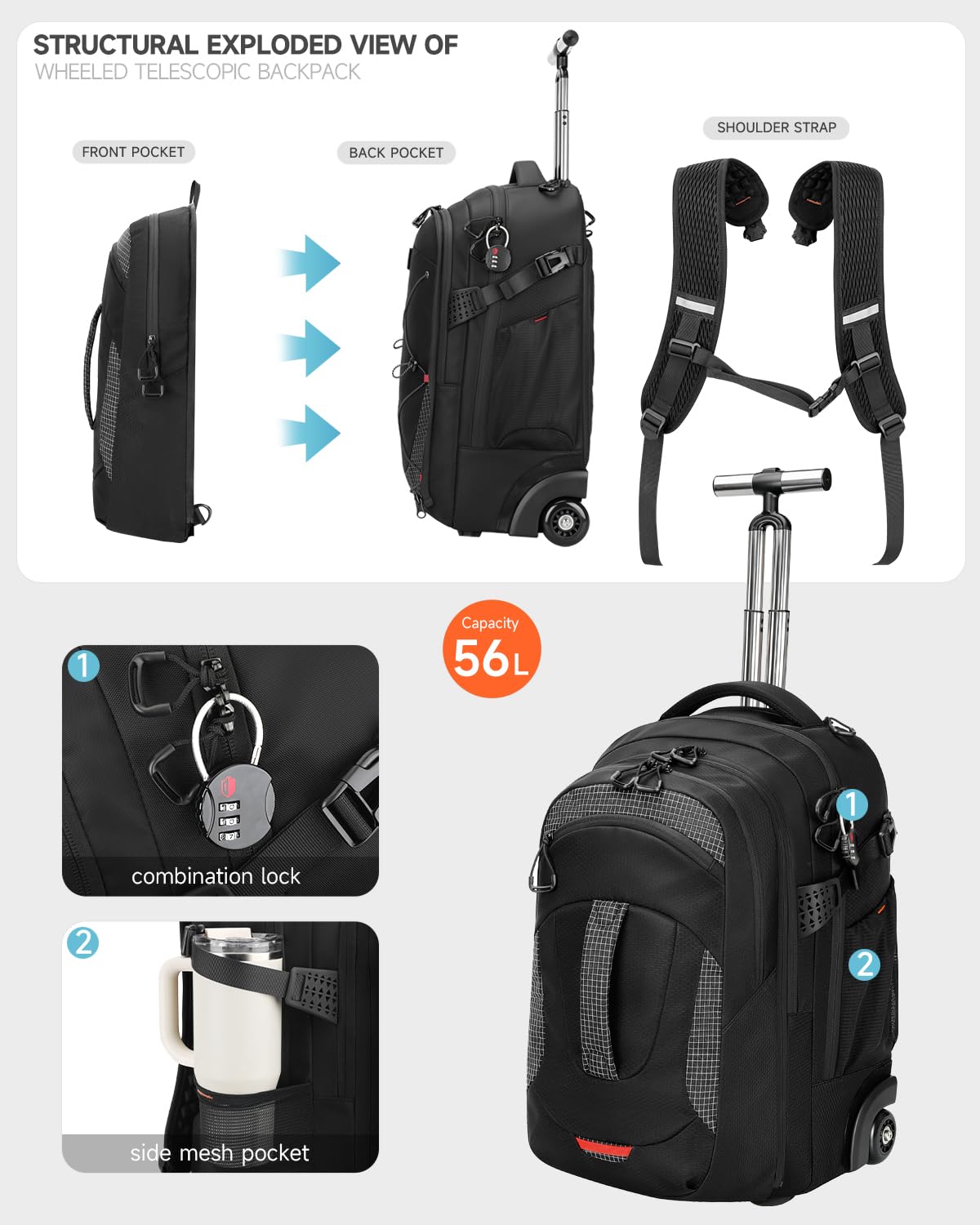 2-in-1 Detachable Backpack with Wheels T7000