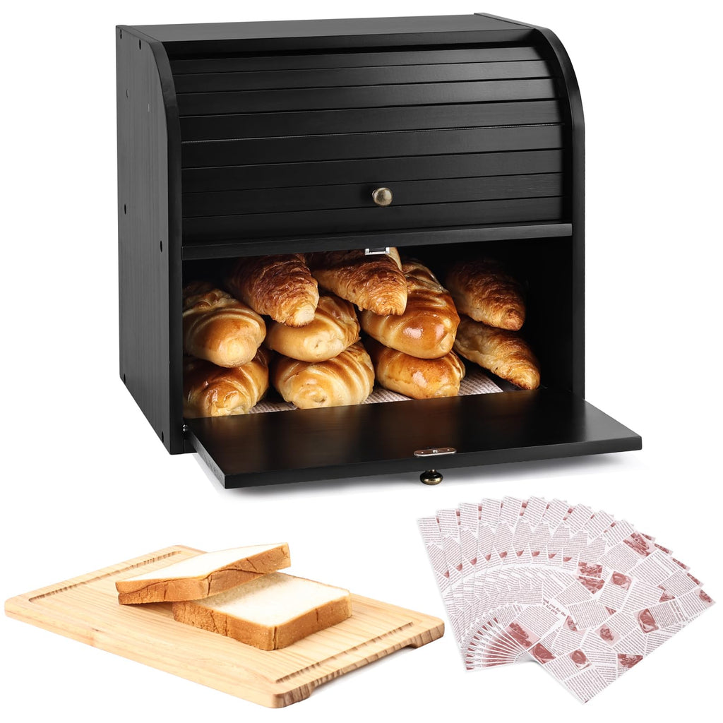 Black Roll Top Bread Box with Cutting Board K82514